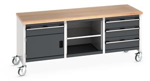 Bott Cubio Mobile Storage Workbench 2000mm wide x 750mm Deep x 840mm high supplied with a Multiplex (layered beech ply) worktop, 4 x drawers (3 x 150mm & 1 x 200mm high), 1 x 350mm high integral storage cupboards and 1 x open mid section with... 2000mm Width Mobile Industrial Storage Bench with cupboards & Drawers